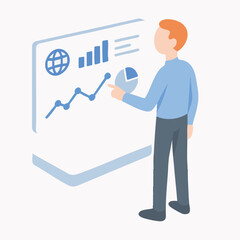 Isometric Detailed Man Analyzing Digital Chart with Graph and Statistics