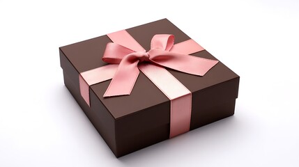 Obraz premium Gift box sits with pink ribbon on white. For celebrations, marketing, web design, retail.