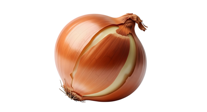 A single brown onion with a partial peel on a black background    .ai generative, transparent background, white background. isolated on white background