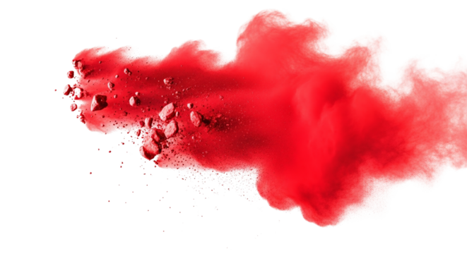 Red color powder explosion as abstract art isolated PNG with Transparent Background