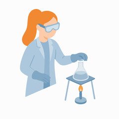 Minimalist Flat Style Scientist Girl Experiment with Flask in Laboratory Illustration