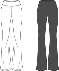 CAD drawing flat vector illustration of women’s bootcut yoga pants in front view, stylish activewear fashion sketch for fitness, loungewear, casual wear template