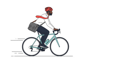 Fototapeta premium A man in a helmet and business attire cycles efficiently on a light blue road bike with a satchel bag over his shoulder
