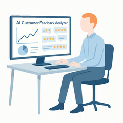 Minimalist Flat Style Businessman Analyzing Customer Feedback on Computer Illustration