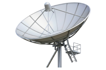 Large satellite dish antenna for telecommunication signals isolated on a transparent background