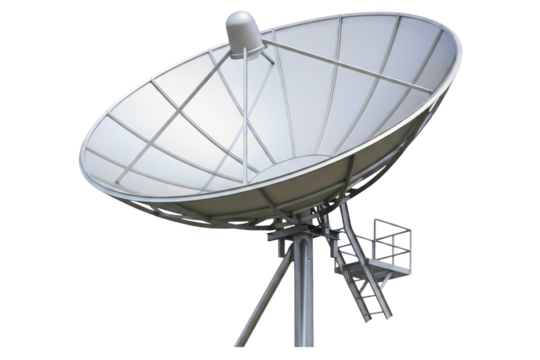 Large satellite dish antenna for telecommunication signals isolated on a transparent background