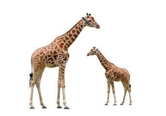 Naklejka premium Two giraffes, one adult and one calf, standing in a serene savanna landscape