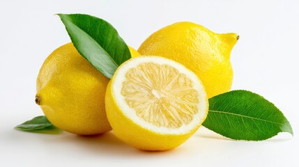 Three lemons, one sliced open, sit with green leaves creating a vibrant, fresh, and bright scene.
