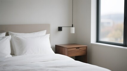 Minimalist Bedroom with White Bedding and Wooden Nightstand