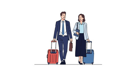 Business professionals traveling together with luggage preparing for a journey and work