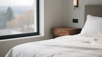 Modern bedroom with a neatly made bed, wooden nightstand, and large window offering a scenic view.