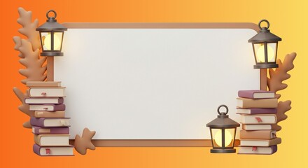Cozy book frame with lanterns and autumn leaves on a warm gradient background for textual content
