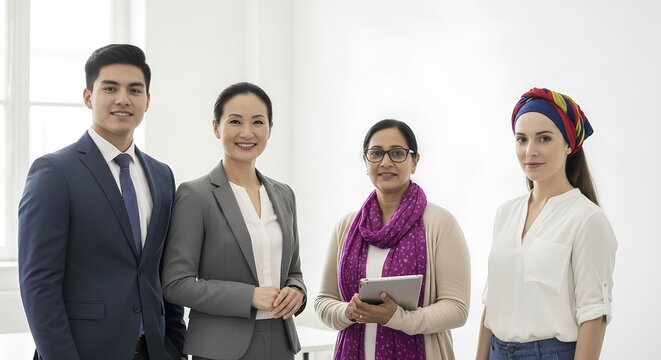 Diverse business team collaborates confidently in a bright, modern office setting