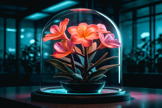 Adenium flowers enclosed in a transparent, futuristic glass dome, softly glowing with bioluminescent light.