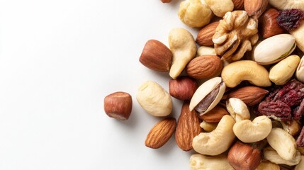 Assortment of rich nuts and dried cranberries artfully scattered on a clean white background surface