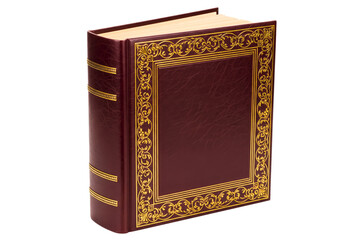 Fototapeta premium Vintage leather-bound book with an ornate gold frame design isolated on a transparent background