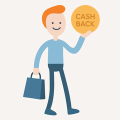 Flat Cartoon Style Character Holding Cashback Coin and Shopping Bag Illustration