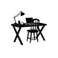Desk setup with laptop lamp and chair coffee cup