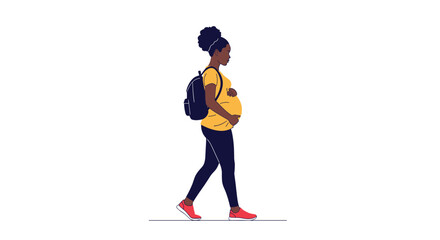 Fototapeta premium Pregnant woman walking with backpack stylish casual outfit outdoor lifestyle side view full body animation