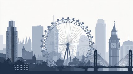 Fototapeta premium A stylized grayscale cityscape, featuring a prominent Ferris wheel, iconic clock tower, and various buildings, depicted in a hazy, atmospheric perspective