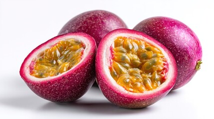 A halved passion fruit showcases its vibrant pulp and seeds next to a whole, textured fruit.