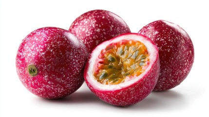 A group of four passion fruits featuring one sliced open, showcasing its juicy interior on white