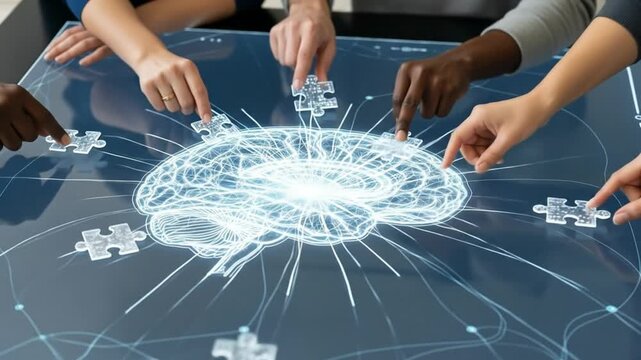 Diverse Hands Placing Puzzle Pieces on a Digital Table to Form a Glowing Brain Image