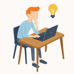 Isometric Illustration of Man Thinking in Front of Laptop with Idea