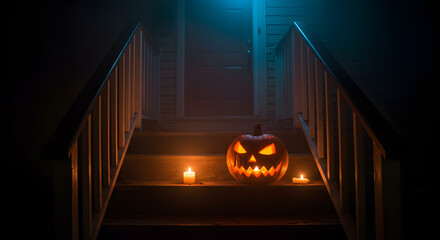 A spooky Halloween scene featuring a carved pumpkin and candles on the steps leading to a darkened house entrance.