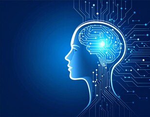 Fototapeta premium AI Concept: Glowing Human Head Silhouette with Intricate Circuitry. Data Streams, Artificial Intelligence & Future Mind