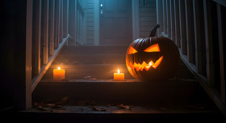 A glowing jack-o'-lantern sits on a wooden staircase, illuminated by candlelight, creating a spooky Halloween atmosphere at night.