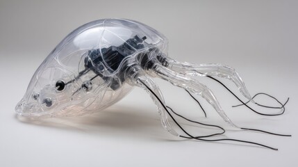 A translucent robotic jellyfish model, with visible internal mechanics, rests on a neutral background.  Its slender tentacles sprawl outward