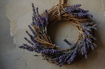Fototapeta premium DIY Twig Wreath with Burlap Pumpkins and Dried Lavender – Neutral Rustic Decor Against Stone Wall