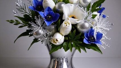 Elegant blue and white floral arrangement with delphinium and roses in sophisticated styling