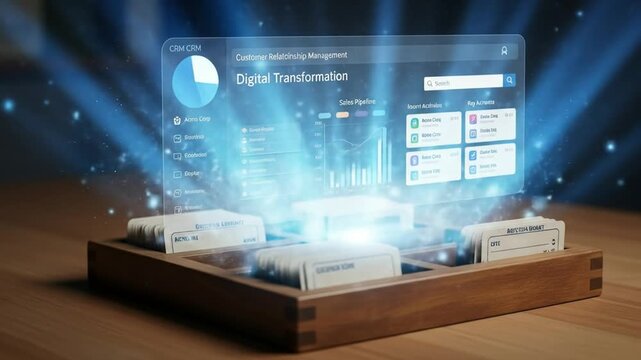 An Old, Dusty Rolodex Transforms into a Sleek, Modern CRM Interface on a Transparent Screen