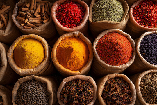 Vibrant Overhead View of Traditional Indian Spice Market Stalls