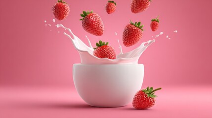 A white bowl filled with milk is splashed by falling strawberries against a pink background.  The scene is vibrant and appears to be digitally rendered