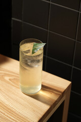 Highball cocktail with ice and mint in dramatic light
