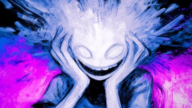 Abstract digital art of an expressionless face with an explosive aura, on a purple backdrop