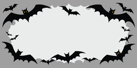 Spooky Halloween night vector illustration with flying bats, a witch, and a black cat silhouetted against a moonlit sky