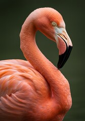 Close-up of a pink flamingo with its long, curved neck and distinctive beak against a blurred green background.