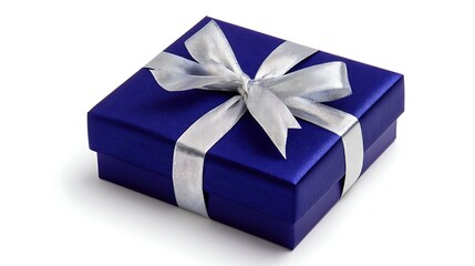 Gift box sits on white background. Features a silver ribbon. Great for birthday or holiday marketing, web use, design.