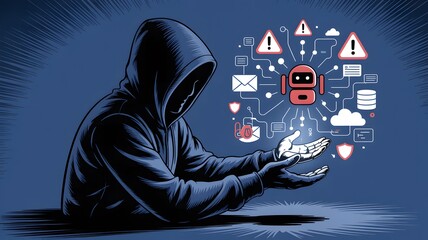 AI Robot Hacking: Dark Hooded Figure, Digital Threat, Vector Art