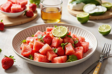 A refreshing summer fruit salad with juicy watermelon cubes, ripe strawberries, and a hint of lime, perfect as a light, healthy dessert or a vibrant side dish.
