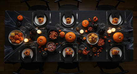Overhead view of a Halloween-themed dinner table set for six, decorated with pumpkins, candles, spider webs, and bowls of candy.