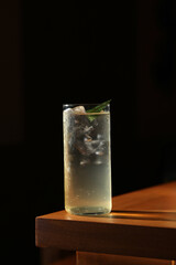 Highball cocktail with ice and mint in dramatic light