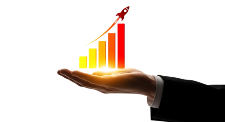 Business Growth Concept Hand Holding Bar Graph with Rocket Launching for Success and Investment Opportunities
