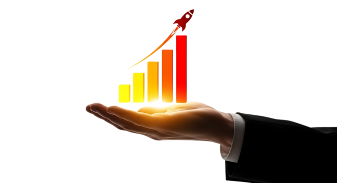 Business Growth Concept Hand Holding Bar Graph with Rocket Launching for Success and Investment Opportunities