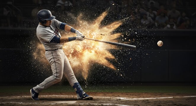 Baseball Player Hitting Ball with Explosive Power and Fiery Bat - Dynamic Sports Action & Athletic Strength
