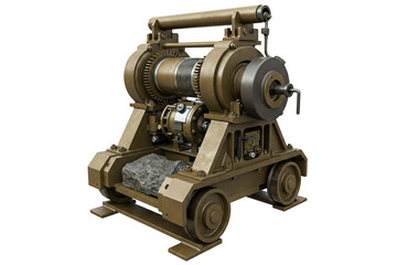 Industrial hand crank winch on wheeled base with heavy rock isolated on a transparent background